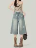 Jeans Cropped Rasgados con Estampado de Estrellas Estilo Retro Americano para Mujer, Diseño de Verano, Corte Holgado