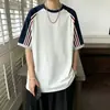 Camiseta Masculina/Feminina de Algodão 100% Pesado Estilo Coreano Color Block Listrada Manga Curta Top Casual Esportivo Solto para Verão