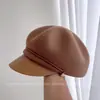 Gorra octogonal tridimensional de lana con ribete de piel para mujer, estilo casual de invierno urbano, versátil, gorra de vendedor de periódicos que estiliza el rostro