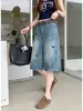 Calça Capri Jeans Lavado Chao Li Youhuo com Bordado de Pônei para Mulheres, Calça de Verão de Cintura Alta Solta de Perna Reta de Comprimento Médio para Mulheres Baixas