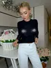 Camiseta Slim Fit Manga Longa Sexy com Pedrarias, Top Básico Justo Modelador Estilo Hot Girl Europeu e Americano, Atacado Transfronteiriço