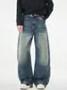 Pantalones Vaqueros Muqiu para Hombre Lavado Vintage Desgastado Bigotes de Gato Cuchillo Curvo, Pantalones Largos Holgados Baggy Unisex
