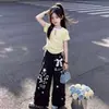 Conjunto de Dos Piezas de Moda Verano 2026 para Niñas Estilo Coreano Casual: Camiseta de Manga Corta con Cordón y Encaje, Pantalones de Pierna Ancha