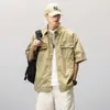 Camisa de trabalho estilo japonês de manga curta para homens, fresca e estilosa, verde militar, streetwear moderno, top de camisa de meia-manga
