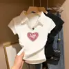 Camiseta Blanca de Algodón con Canalé, Cuello Polo de Manga Corta para Mujer, Corte Ajustado, Estilo Verano, Top de Cuello en V, Top Versátil Corto Plisado