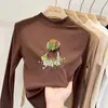 Camiseta base de polar de doble cara con cuello alto medio para niños, estilo otoño e invierno, camiseta versátil casual de moda para niñas, manga larga