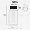 Botellas de plástico PET transparentes de boca ancha en stock con tapas negras, botellas dispensadoras selladas para tabletas y productos de salud, botellas vacías