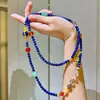 Colar Corrente de Suéter Design Retro High-End Lápis Lazúli Natural Colorido Cristal de Cabelo Calcedônia Vermelha