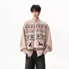 Cardigan Suéter Fair Isle Cor de Café Retrô Americano para Homens e Mulheres, Tendência Outono e Inverno Jacquard Color Blocking Tricô para Casal