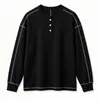 Camiseta de Otoño de Manga Larga Estilo Japonés de Moda para Hombre, Bloques de Color, Tejido Waffle Texturizado, Cuello Henley, Camiseta Casual Holgada