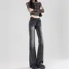 Jeans Lavados de Estilo Americano en Negro y Gris de Cintura Alta para Mujer, Nuevo Modelo Invierno 2025, Corte Delgado, Favorecedores, Pantalones Acampanados Elásticos