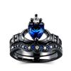 Exagerado Set de Anillos Doble Capa Más Vendido para Mujer con Diamantes, Sosteniendo una Corona en Forma de Corazón de Zafiro, Estilo Europeo y Americano, Oro Negro R5856