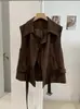 Chaleco de gamuza de solapa retro de doble botonadura KEKEZOON con cinturón para mujer, prenda exterior entalladora y adelgazante, moderno 9087