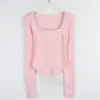 Ropa de Mujer de Comercio Exterior Camiseta Coreana Dongdaemun de Manga Larga Cuadrada para Mujer Otoño Corta Ajustada Cuello Amplio Camiseta Interior Superior