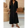 2026 Vestido Casual Feminino de Manga Média com Decote V e Botões na Frente, Corte Solto, para o Dia a Dia, Primavera, Verão, Outono