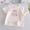 Camiseta Algodão Manga Curta com Laço Doce, Amiga da Pele, Falsa Duas Peças, para Bebês Meninas, Verão, Nova, Estilosa, Estampa Cartoon, Top 3