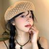 Boina Tejida Calada Estilo Japonés para Mujer, Sombrero de Pintor de Capullo Pequeño que Afina el Rostro, Estilo Coreano Versátil, Sombrero para Cabeza Grande a la Moda