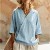 2026 Europeo y Americano transfronterizo Amazon TikTok verano nuevo algodón lino vintage botón diagonal manga tres cuartos camisa de mujer