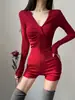 Body sexy de estilo europeo y americano con cuello en V retorcido y manga larga para mujer, ajustado, adelgazante, para fitness yoga, body de una pieza con shorts, para chica hot