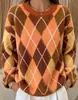 Colección de otoño/invierno de estilo europeo y americano transfronterizo: Suéter de punto para mujer, holgado, de cuello redondo, suave y cómodo, y sin esfuerzo chic, con estampado de rombos en colores contrastantes