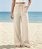 2026 Amazon Cintura Alta Cordón Bolsillo Lateral Pierna Ancha Casual Lino Pantalones de Pierna Ancha Fluidos Pantalones de Pierna Ancha para Playa Elástico