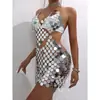 AYJ Vestido Moderno Sexy Europeo y Americano para Discoteca con Parche de Lentejuelas Espejo Patchwork Brillo Espalda Descubierta Hueco Y23072