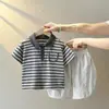 Conjunto de Verano para Niños, Conjunto Casual a Rayas de Manga Corta con Cuello Campana, Elegante Top de Manga Corta con Pantalones de 7/8 para Niños Pequeños