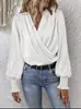 Camisa elegante de color liso con cuello en V y mangas abullonadas para mujer de comercio exterior europeo y americano de Amazon