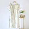 Camisola de Renda com Gola Redonda para Mulheres, Vestido de Gaze Dupla de Algodão Puro para o Verão, Fino Vestido Doce de Casa com Manga Curta