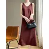 Falda Larga sin Mangas de Cuello en V Color Sólido Jersey para Mujer por Encima de la Rodilla Base Suelta Casual Hielo Seda Perlas Delgada Falda de Tirantes