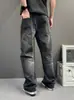 Jeans Casuales de Calle Gris Negro para Hombre Caída Recta Sueltos Pierna Ancha Versátil para Viajar Casual Pantalones Largos Estilo Versátil