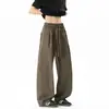Pantalones de estilo retro americano, cortados en diagonal, de pierna curva para hombre y mujer, con estampado de espiga, silueta de pierna recta, caída fluida, color liso versátil y cintura con cordón