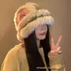 Moda Gorro de Pescador Tejido a Mano con Bloques de Color de Piel de Conejo para Mujer, Cálido para Otoño e Invierno, Circunferencia de Cabeza Grande, Felpa Adelgazante