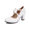 Novos Sapatos Femininos de Couro Patentado Britânico Tira Cruzada Bico Redondo Sapatilhas Salto Grosso Alto Tamanhos Grandes 40-46 Sapatos de Exportação