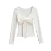 Camiseta Sexy de Manga Larga con Lazo en la Cintura para Mujer, Camiseta Básica Dulce Estilo Girly, Camiseta Básica Pura Pasión