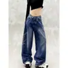 Pantalones vaqueros casuales para mujer con diseño de strass en el lateral, nuevo estilo de primavera, de cintura alta, holgados, adelgazantes, versátiles, de pierna recta ancha.