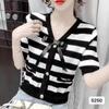 Suéter de listras com gola V em cores contrastantes, novo para o verão de 2024, slim, afina a silhueta, suéter com laço, blusa de manga curta para mulheres