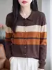 Tejido de Punto de Lana Fina Bloque de Color para Mujer Otoño Temprano Café Naranja Color de Contraste Solapa Manga Larga Suéter Pulóver Elegante para el Trabajo