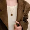 Hanluo~Collar de Cadena para Clavícula Redondo de Piedra Ojo de Tigre Bañado en Oro Real de 18K Retro de Alta Gama Moda Elegante