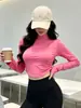 Camiseta de Manga Larga Corta para Mujer Otoño Invierno Sexy con Corte en la Cintura Ajustada Top de Chica Caliente Capa Interior Camisa de Cuello Semi-Alto