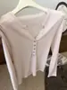 Top de Punto Color Rosa con Botones de Concha, Cuello en V, Manga Larga para Mujer, Principios de Otoño, Estilo Coreano, Suave, Perezoso, Holgado, Adelgazante, Cuello Semiabierto