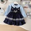 Vestido para niña 2024 Otoño Nuevo Estilo Academia Coreano Falso Dos Piezas Manga Larga Vestido Lindo de Princesa