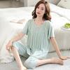 Pijama Modal para Mulheres, Verão Fino Manga Curta Calça Capri, Roupa de Descanso Casual Plus-Size para Mães de Meia-Idade, Adequada para Usar Fora