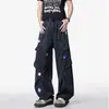 Pantalones cargo de gran bolsillo con bordado floral retro americano, unisex, versátiles para primavera y otoño, pantalones de paracaidista casual holgados