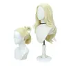 Peruca cosplay estilo Haaland, cor dourada, cabelo longo com repartição central e estilo rabo de cavalo, peruca cosplay de seda fosca