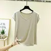 Nueva camiseta fina de verano para mujer con cuello en V y manga corta de seda ecológica, adecuada para usar en capas, estiliza la figura y se puede usar como prenda exterior con diseño de hombro normal