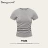 Verão 2025 Retrô Americano Ins Slim Justo Top Curto Sexy Cintura Sexy Plissado Gola Redonda Camiseta para Mulheres