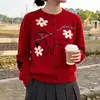 Cardigã de malha jacquard com estampa floral de pônei em estilo cartoon coreano para mulheres, jaqueta suéter de manga comprida com botões e gola redonda para primavera