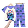 Comercio Exterior Pijamas Infantiles Primavera y Verano Manga Corta Pantalones Trajes para Niños Dibujos Animados Lindo Stitch Ropa de Casa para Niñas Ola