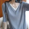Seda de Hielo 2026 Primavera/Verano Nuevo para Mujer Corto Holgado Cuello en V Bloque de Color Falso Dos Piezas Suéter Camiseta Top de Punto Manga Corta